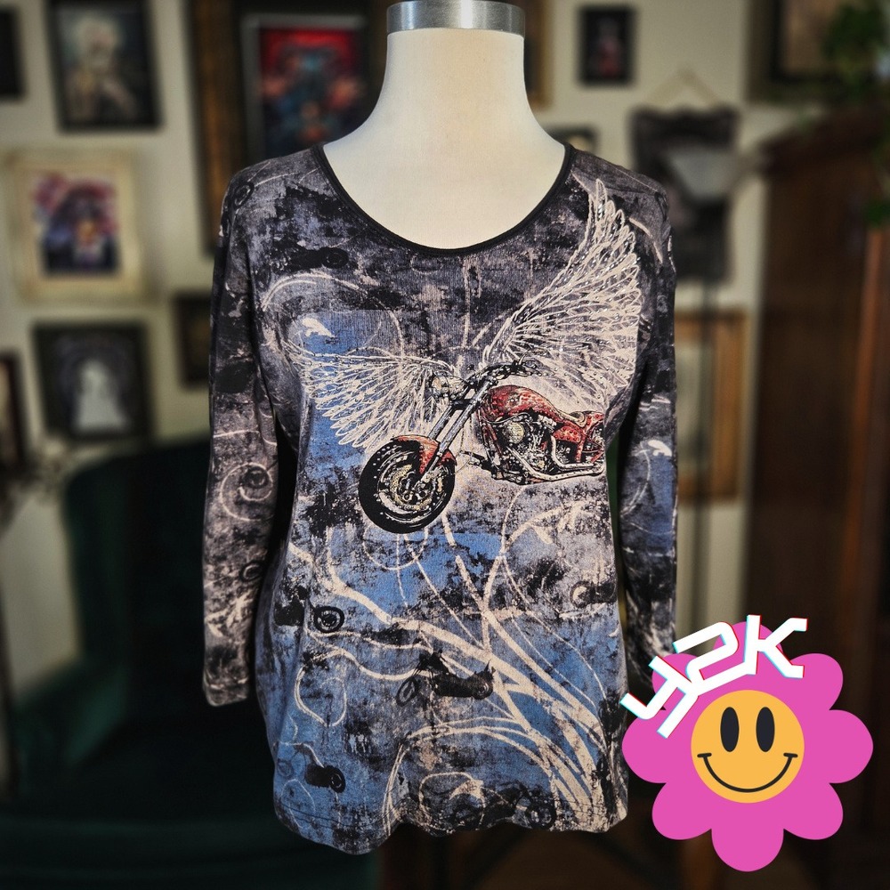 Cactus Bay Motorcycle‎ Shirt Vintage Y2K Womens L Winged Biker Rhinestone USA